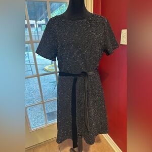 LOFT Black Metallic Short Sleeve Shift Dress Size 12 Belted Lurex Party Holiday